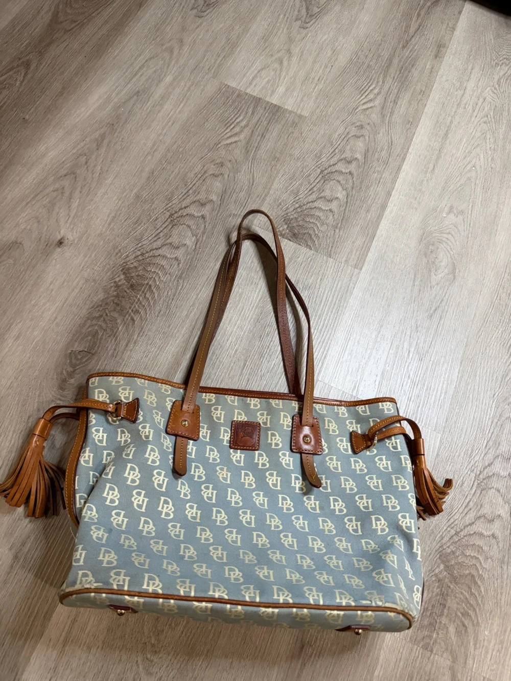 Dooney & Bourke Light Blue Monogram Tote with Brown Leather Trim